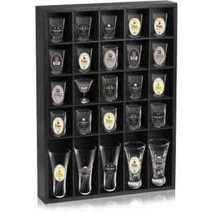 Shot Glass Display Case for Wall, Wood Holds Set of 30 Glasses Shot Glass Holder Display Shelf, 17'' x 12''-3'' x 2''Removable partition (Black)