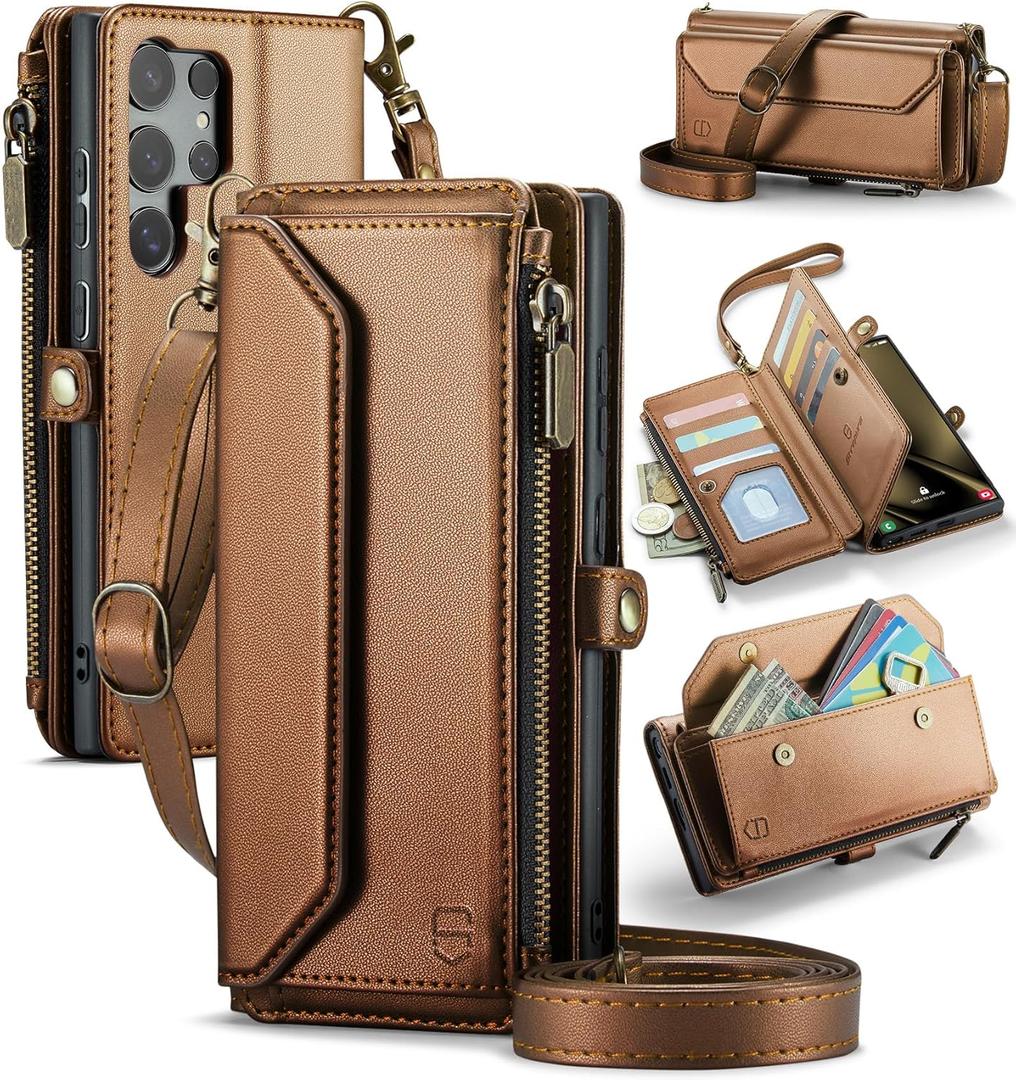 Wallet Case Compatible with Samsung Galaxy S25 Ultra 5G RFID Blocking 10-Card Holder Soft PU Leather Magnetic Snap Strap Zipper Pocket Phone Case Fit for Galaxy S25 Ultra - Brown