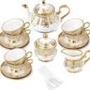 fanquare 21 Pieces Porcelain Tea Set with Sugar Bowl Creamer, Cup and Saucers for 6, Royal Floral Tea Service with Gold Trim for Party Wedding Birthday Gifting