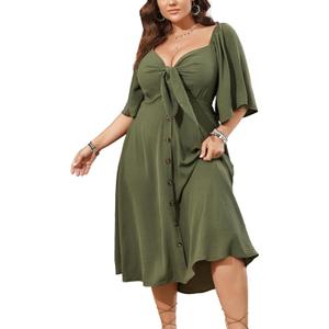 SCOMCHIC Plus Size Summer Dress Casual Short Sleeve Bow Tie Deep V Neck Smocked Button Down Midi Flowy A-line Boho Dresses (Green) 2XL