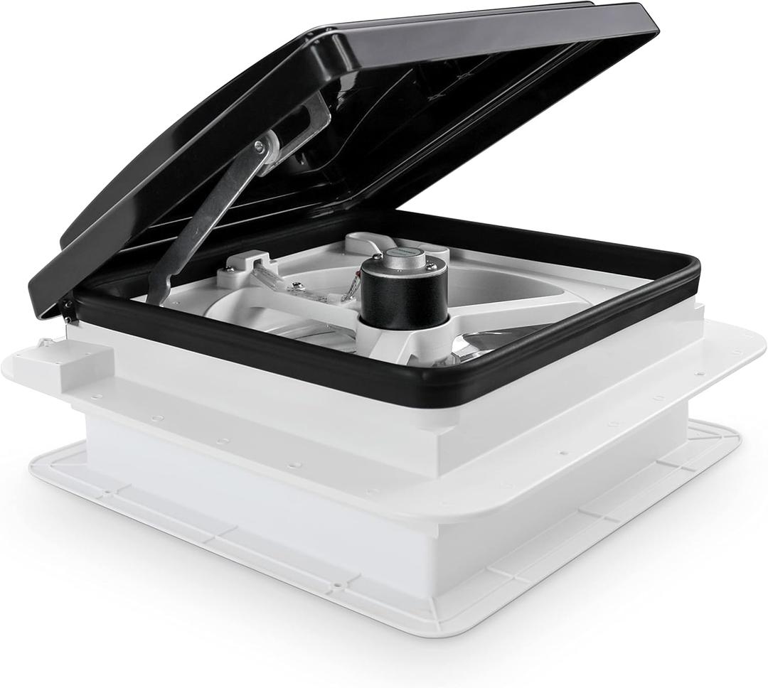 11" x 11" RV Roof Vent Fan With 12V Manual Riser Reversible Manual Lift with Black Lid