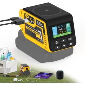 300W Power Voltage Regulator Compatible with Dewalt 20V Battery, 2V-30V Voltage Regulator with 1 DC Voltage Regulating Socket, 1 USB Ports & 100W Type-C Fast Charging, 15W Magnetic Wireless Charging (Yellow)