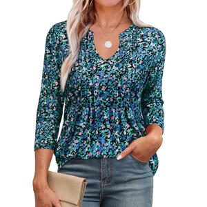 Uhiger 3/4 Sleeve T Shirts for Women V Neck Tunic Tops to Wear with Leggings Dressy Tops for Women Night out Fancy Evening Blouses Business Casual Office Attire Peasant Work Clothes Blue Floral XL