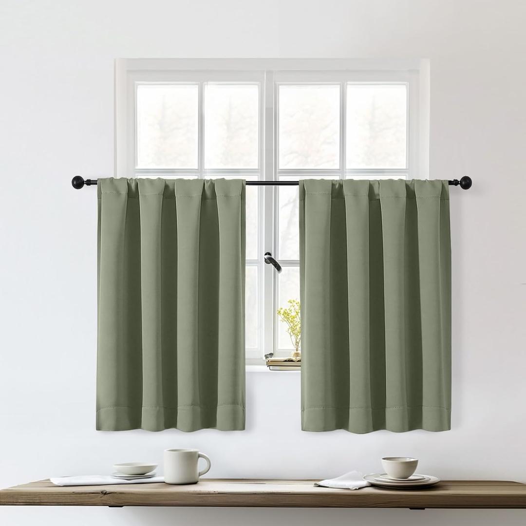 OWENIE Sally Sage Green Blackout Kitchen Curtains 36 Inch Length 2 Panels Set, Half Small Window Rod Pocket Room Darkening Curtains Tiers for Kitchen Bathroom, 2 Pcs Each W40 x L36 Inch, Sage Green