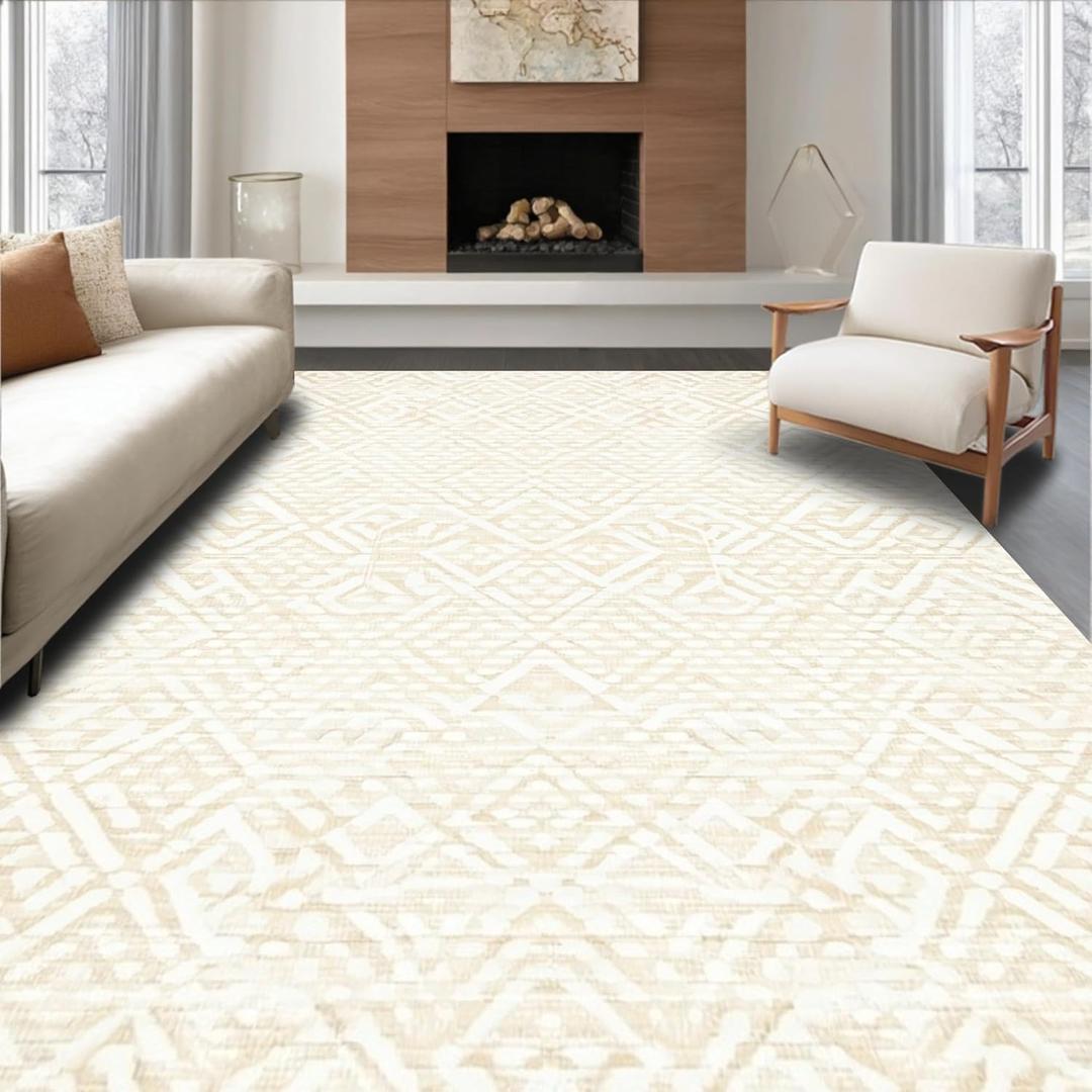 Ultra Soft Area Rug 6x9, Non Slip, Stain Resistant, Washable Area Rugs for Living Room, Bedroom, Contemporary Interlocking Diamond Lattice with Faint Gradient Shading (Beige, 6x9) (Pattern 13)