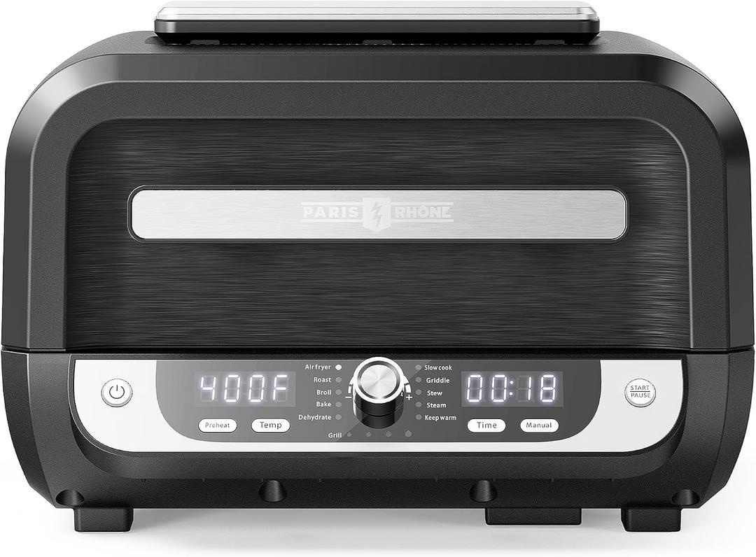 Paris Rhne Smokeless Indoor Grill & Air Fryer Combo, 12-in-1, Grill, Griddle, Air Fry, Broil, Bake, Crisp, Roast, Dehydrate, and more, Dual Heating Elements, Smart Thermostat, Easy Knob Control, 15.74*15.59*10.70 inches
