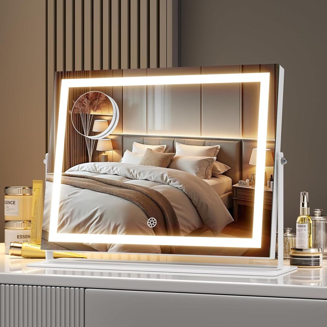 MINISO Vanity Mirror with Lights-13.8" x 10.6" LED Makeup Mirror, 3 Color Modes Touch Control and Brightness Adjustment Lighting Mirror, 10X Magnifying Glass, 360 Rotation