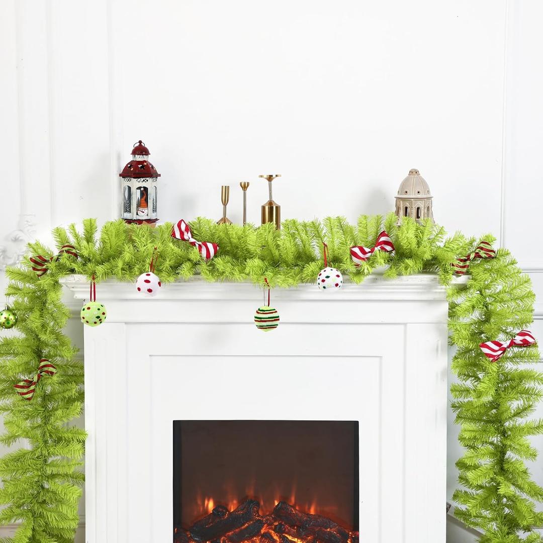 Jutom 13.2 ft Christmas Garlands with 16.4 ft LED Lights Artificial Cedar Garland Xmas Pine Greenery Garland Decoration for Stairs Fireplace Mantel Front Door Porch Holiday Party(Bright Green)