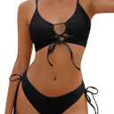 ZAFUL Women's Cheeky Bikini Set 2 Piece Sexy String High Cut Swimsuits Lace Up Tie Side Bathing Suits 2025 (Black, L)