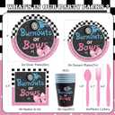 350 PCS Burnouts or Bows Gender Reveal Decorations for 50 Guests，Boy or Girl Gender Reveal Party Supplies Inclide Plates and Napkins,Cups Disposable Cutlery