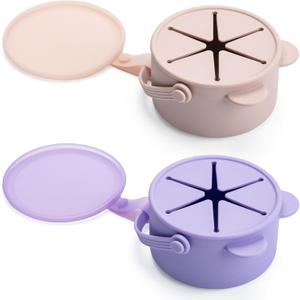 Silicone No Spill Snack Cups for Toddlers Portable Baby Snack Cup Containers with Dustproof Lid Dishwasher-Friendly Toddler Spill Proof Cups Without BPA, Lead, or Phthalates Pink and Lilac