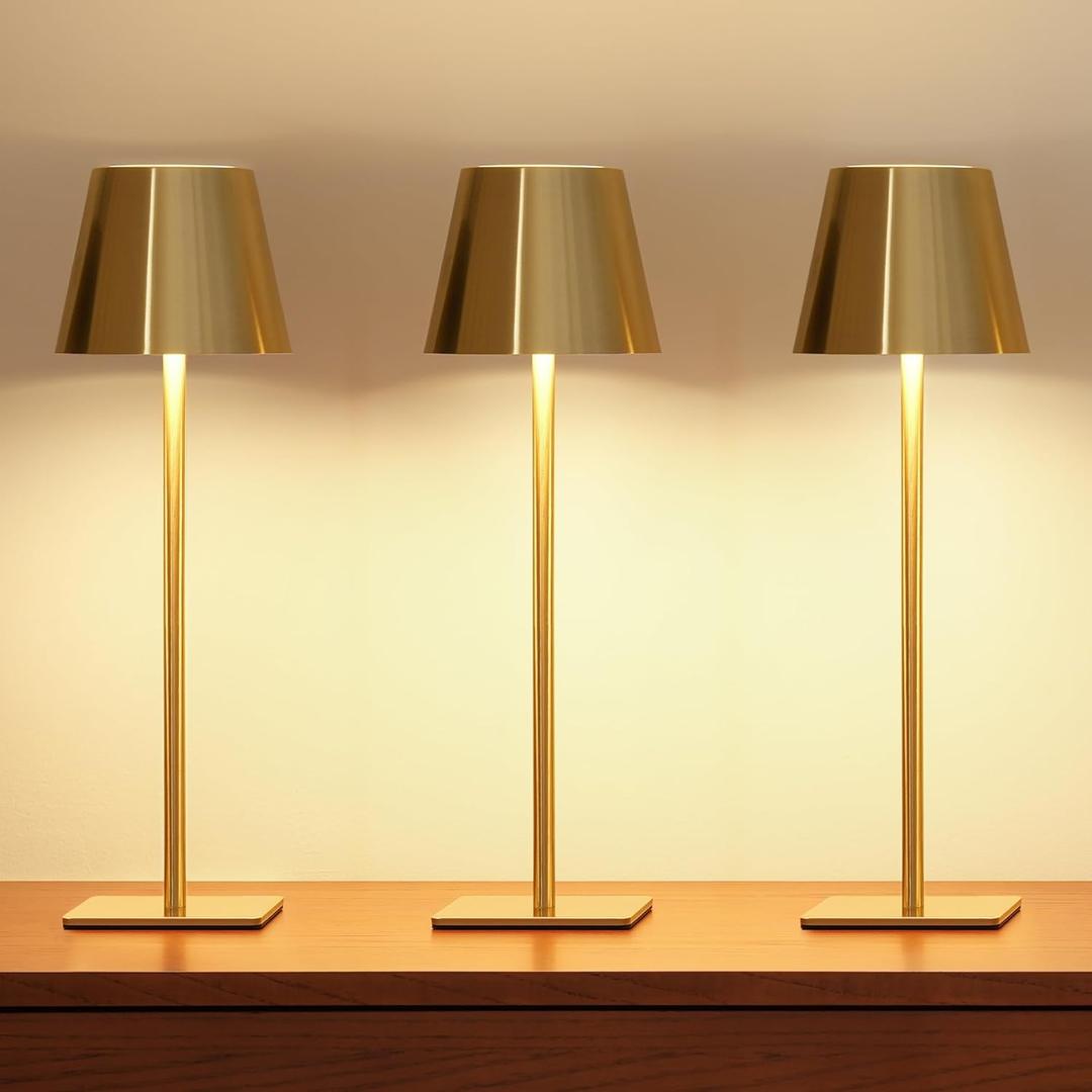 UME 3 Pack Cordless Table Lamp, Battery Operated Lamp - Portable Waterproof Rechargeable Table Lamp w/ 3 Color Temps & Stepless Dimming for Dinner, Desk, Cafe, Outdoor (Brushed Gold)