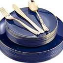 YOUBET 125PCS Blue Plastic Plates - Navy Blue Disposable Plates With Gold Rim Include 25 Dinner Plate, 25 Dessert Plate, 75 Gold Silverware Cutlery for Party & Wedding
