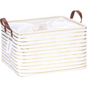 Hinwo 31L Large Storage Bins, Closet Organizers and Storage, Shelf Baskets, Foldable Clothes Storage Baskets with Handles, Containers for Clothing, Blanket, Towels, Toys, Bedding (Gold Stripe) (16.5" / 31L / 1-Pack)
