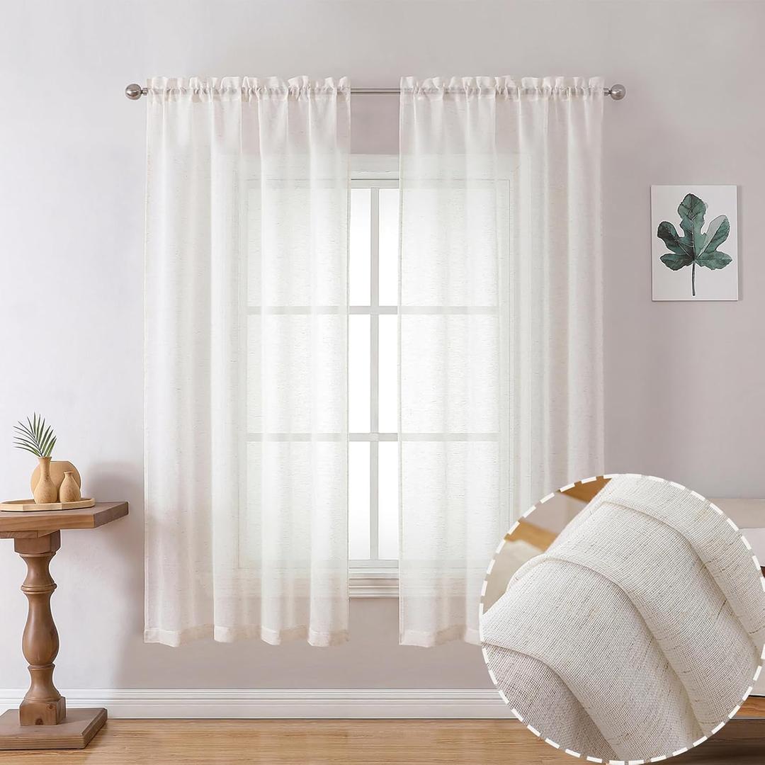 OWENIE Semi Sheer Curtains 63 inch Length 2 Panels Set,Natural Curtain for Bedroom/Living Room, Rod Pocket Farmhouse Drapes, 2pcs, 40 W x 63 L