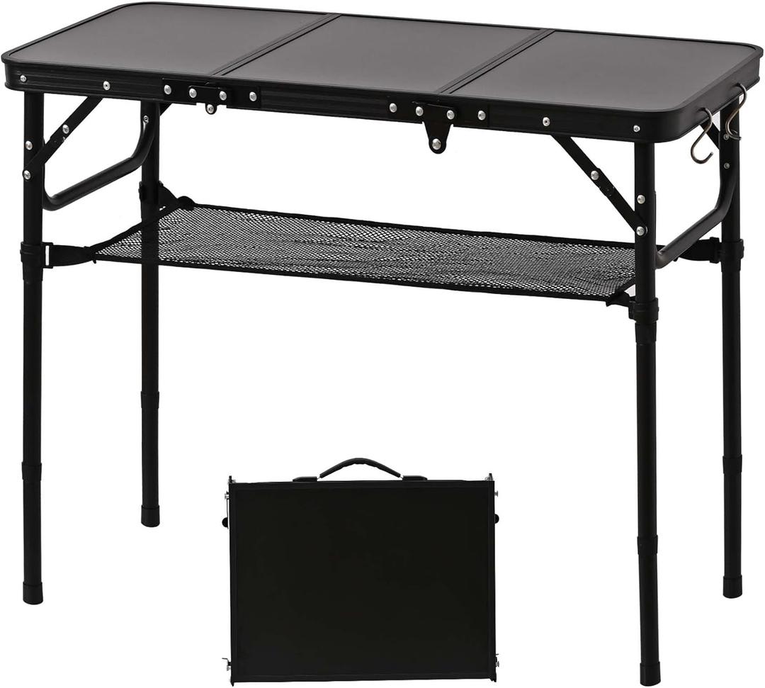 Folding Picnic Table with Storage Net, Matte Black Aluminum Folding Table 35" x 16", Adjustable Height Max 27.5", Lightweight Portable for Camping Travel Grill Indoor