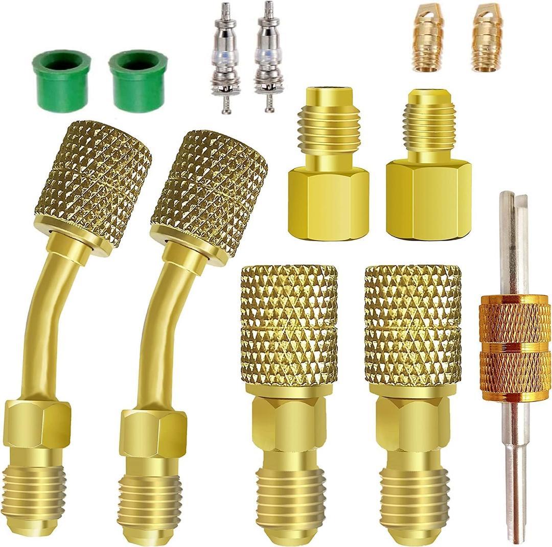 R410A Mini Split Adapters, R410A Charging Vacuum Port Connector with 5/16" Female to 1/4" Male and R134A Refrigerant Tank Adapter for HVAC Refrigerant System (2 Angled + 2 Straight + Adapter)