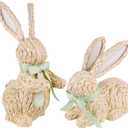 DR.DUDU Easter Decor Rattan Bunny, 2 Pack Wicker Bunnies Easter Indoor Decorations for Home Table Centerpiece, Spring & Farmhouse Woven Rabbit Decor (White With Green Accents)