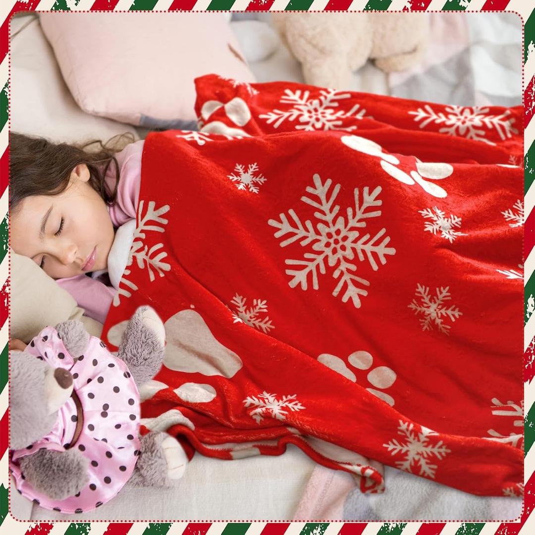 Christmas Animal Blanket Cute Dog Paws Flannel Blanket Red Snowflake Soft Blanket for Dog Lovers Bedding, 50" x 60"