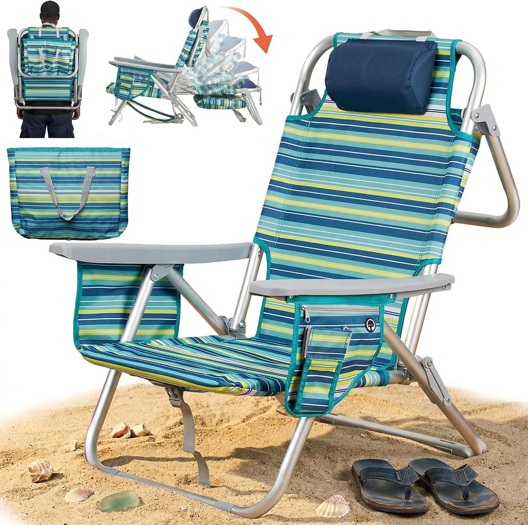ALPOME Aluminum Backpack Low Profile Beach Chair - 5-Position Lay Flat Reclining Folding Chair with Removable Cooler Bag - Heavy Duty 330 lbs Capacity, Lightweight Portable Sand Seat - Striped Green
