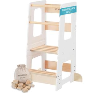 KYWAI Toddler Kitchen Stool Helper, Adjustable Standing Tower with Safety Rails, Anti-Tip Design & Non-Slip Stickers, Sustainable Product with Extra Memory Game Made from Leftover Wood (White)