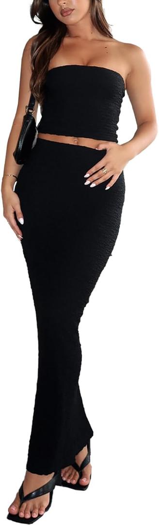 Euulin Two Piece Dress Outfits for Women Sleeveless Tube Tops Bodycon Maxi Dress Summer Strapless Crop Top Sexy Suits Set Black S