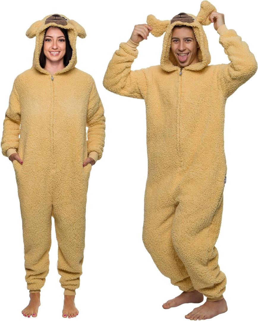 Funziez! Slim Fit Sherpa Adult Onesie - Animal Halloween Costume - Plush One Piece Cosplay Suit for Women and Men (Large, Golden Retriever)