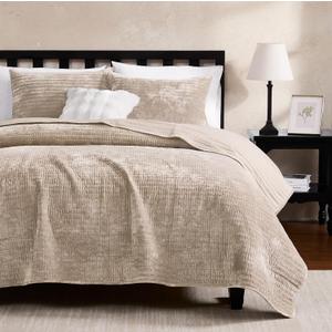 WDCOZY Velvet King Size Quilt Set - Beige Striped Pick Stitch Soft Lightweight Bedspread, Neutral Channel Farmhouse Country Rustic Coverlet, Modern Bedding Warm Thin Comforter, 3 Pieces