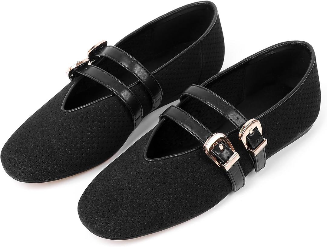 Mary Jane Shoes for Women Mesh Ballet Flats with Adjustable Double Buckle Strap Comfortable Slip On Dress Shoes for Daily (7.5)