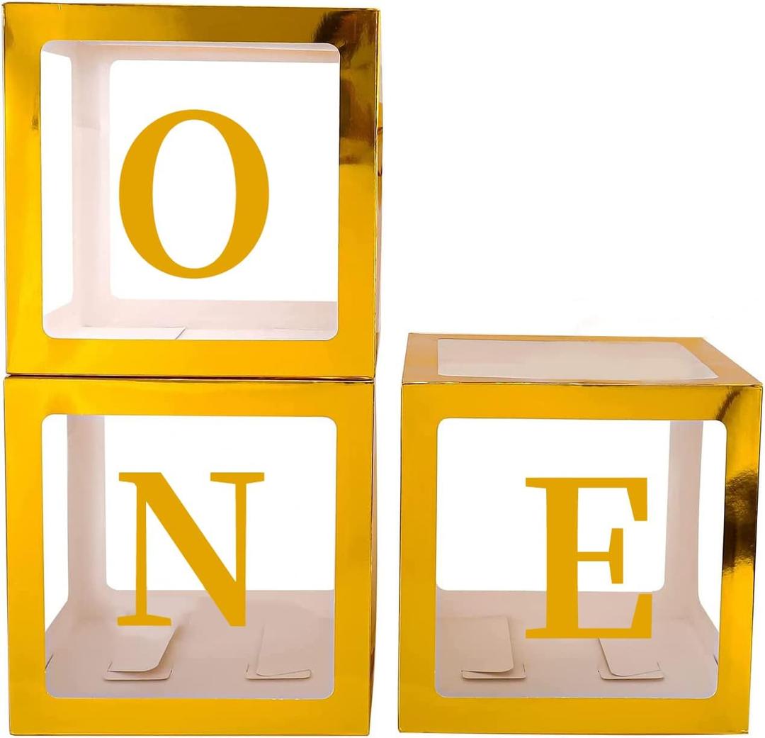 Sooyee Gold First Birthday Decorations for Girl or Boy,3 Pcs ONE Balloon Boxes for 1st Birthday Girl Decoration,Baby Cube Blocks Party Decor with ONE Letters for Photoshoot Props, Cake Smash Backdrop