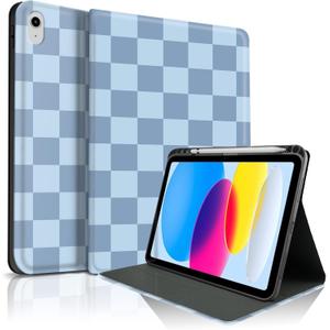 TopPerfekt Case for iPad 11th (A16) 11-inch 2025 / 10th Generation 10.9-inch 2022, Cute Plaid Checkered Series Stylish Aesthetics Design Protective Cover with Pencil Holder Anti Slip Shockproof, Blue