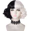morvally Black and White Wig with Necklace for Women Girls Halloween Party Short Curly Bob Synthetic wigs with bangs for Costume Cosplay Events including Choker , Pack of 1