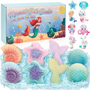 8 Packs Bath Bombs for Kids Girls, Mermaid Bath Bomb with Surprise Toys Inside, Princess Bubble Bath Toys for Kids Aged 4-8, Christmas Birthday Gifts for Girls 3 4 5 6 7 8