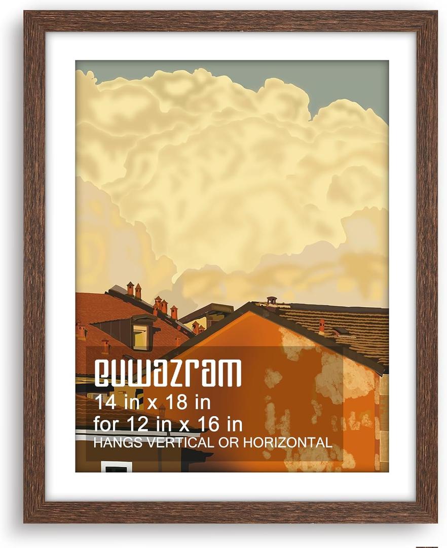 Solid Wood 14x18 Frame - Single Frame, Rustic Walnut 14 x 18 Poster Frame with Mat for 12x16, Picture Frames for Artwork, Puzzles, Photos and Movie Posters