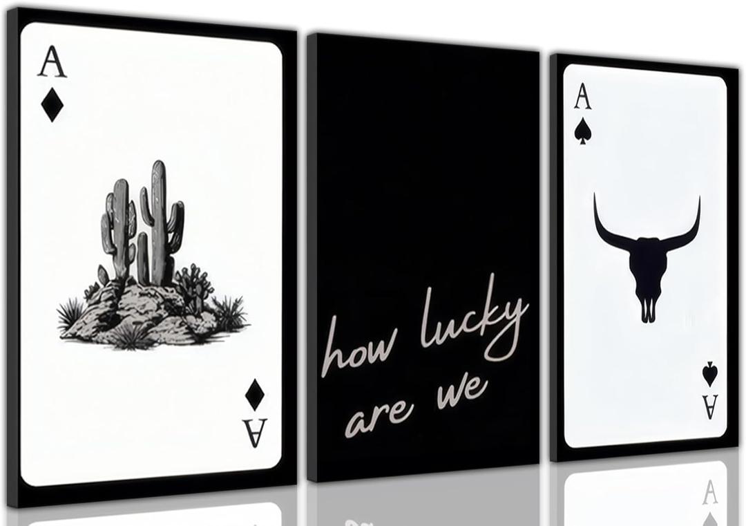 Yxjyzzkx 3-Piece Western Playing Card Wall Art Canvas Set, Black and White Cowboy Aesthetic Wall Decor, Ace of Spades Longhorn Minimalist Quote Canvas Prints for Living Room Bedroom Office (16L"x12W")