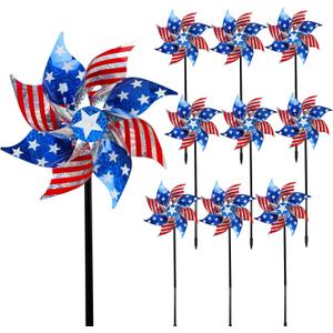 Hausse 10 Pack Reflective Pinwheels Patriotic Decorations, American Flag on Stick Wind Spinner with Stake for Independence Day, Memorial Day July of 4th Party Supplies, Scare Birds Repellent Devices (Red, Blue, White)