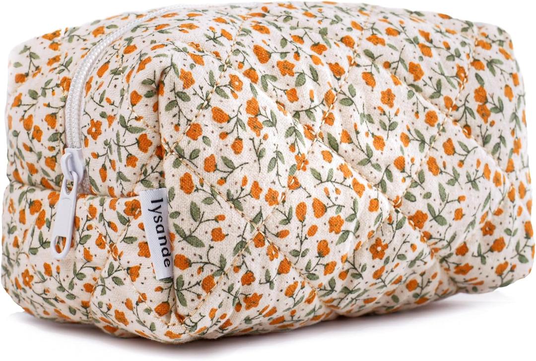 LYSANDE Puffy Quilted Makeup Bag, Toiletry Tote, Cosmetics Pouch, Quilted Floral Tote, Cosmetic Bag with Orange Flowers