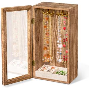 SINGLBA Necklace Holder Organizer, Wooden Jewelry Box for Women Girls, Rotatable Jewelry Organizer Case with Ring Tray Display & Storage for Necklaces Bracelets Rings Earrings, Gifts for Women Her (Carbonized Brown)