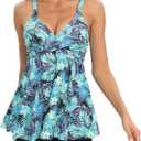SEAFORM Women's Tankini Bathing Suits Two-Piece Tummy Control Swim Dress High Waist Printing Padded Swimsuits with Boyshorts (XX-Large, Blue-green Leaves)