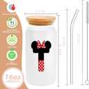 Cute Cartoon Mouse Lover Gifts Initial A-Z Personalized Iced Coffee Cup Magic Mouse Stuff Wizard Gift 16oz Glass Cup with Lid and Straws Birthday Christmas Gifts for Women Teen Girls ( Letter T)