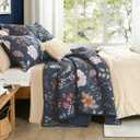 Litanika Floral Navy Blue Quilt Super King Plus Size - 3 Pieces Botanical Birds Pattern Quilt Bedding, Oversized Lightweight Soft Coverlet for All Seasons (128"x120")