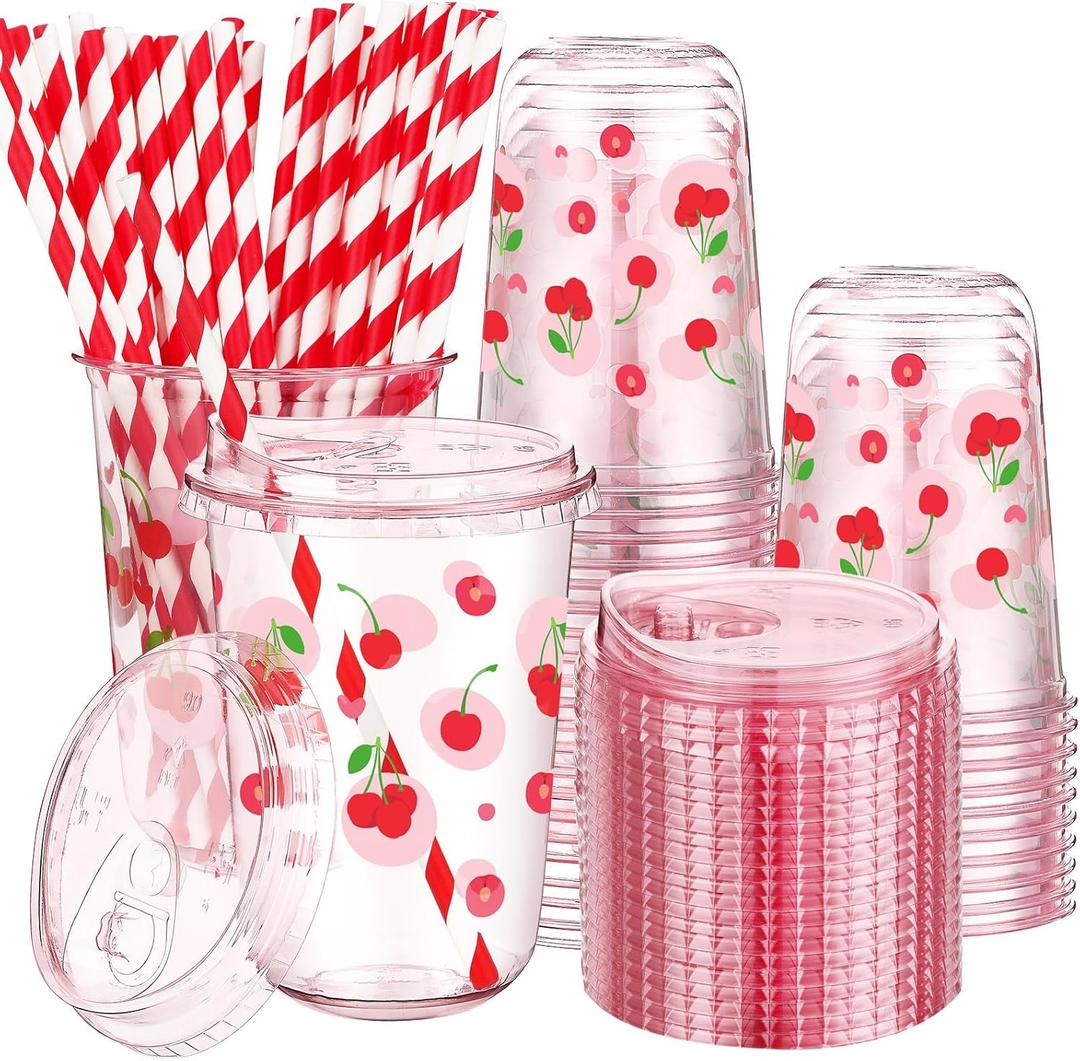 LemonRoad 50 Sets Cherry Clear Plastic Cups with Lids & Straws 16 oz Pink Party Tumblers for Iced Coffee, Smoothies, Juice & More Cute Disposable Pet Mugs for Birthdays & Gatherings