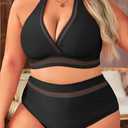 Tempt Me Women Plus Size Bikini High Waisted Swimsuits Mesh Tummy Control Two Piece Bathing Suit (Black)