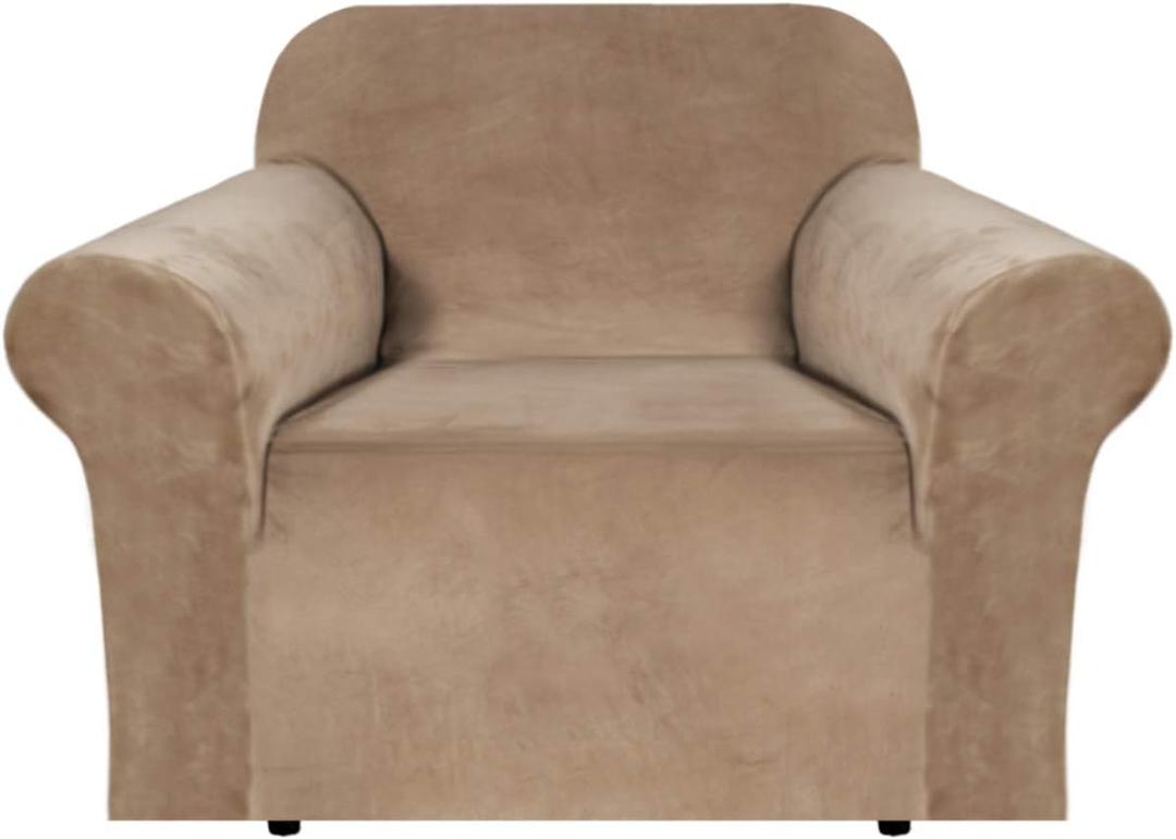 H.VERSAILTEX Stretch Velvet Armchair Cover Couch Covers 1 Cushion Chair Slipcover for Living Room Furniture Cover Crafted from Thick Comfy Rich Velour (Chair 31"-49", Camel)