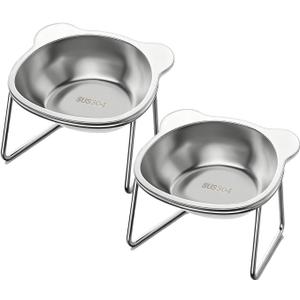 2 Pcs Elevated Cat Bowls - for Small Cats/Dogs, 5.9" Indoor Stainless Steel Raised Cat Dishes for Food and Water,15 Tilted Anti-Vomiting Dog Bowl, Whisker Friendly, Spine Friendly