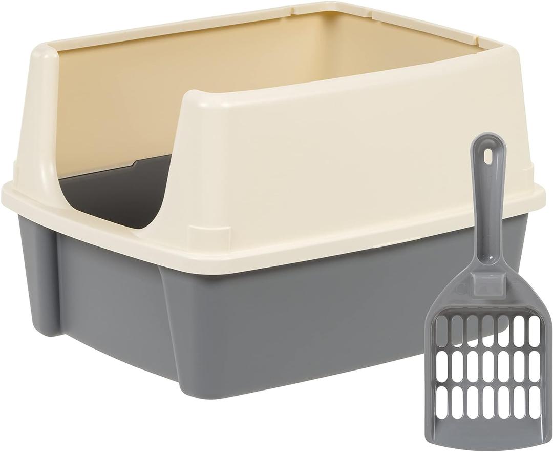 Large Cat Litter Box with High Sides, Open Top for Easy Access, Includes Scoop with Storage, 19" x 15" x 11.75", Grey/Beige