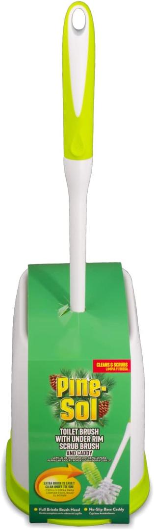 Pine-Sol Toilet Bowl Cleaner Brush with Holder | Heavy Duty Cleaning Wand with Under The Rim Scrubber, Non-Slip Handle, Storage Caddy | Bathroom Supplies, Yellow, Green