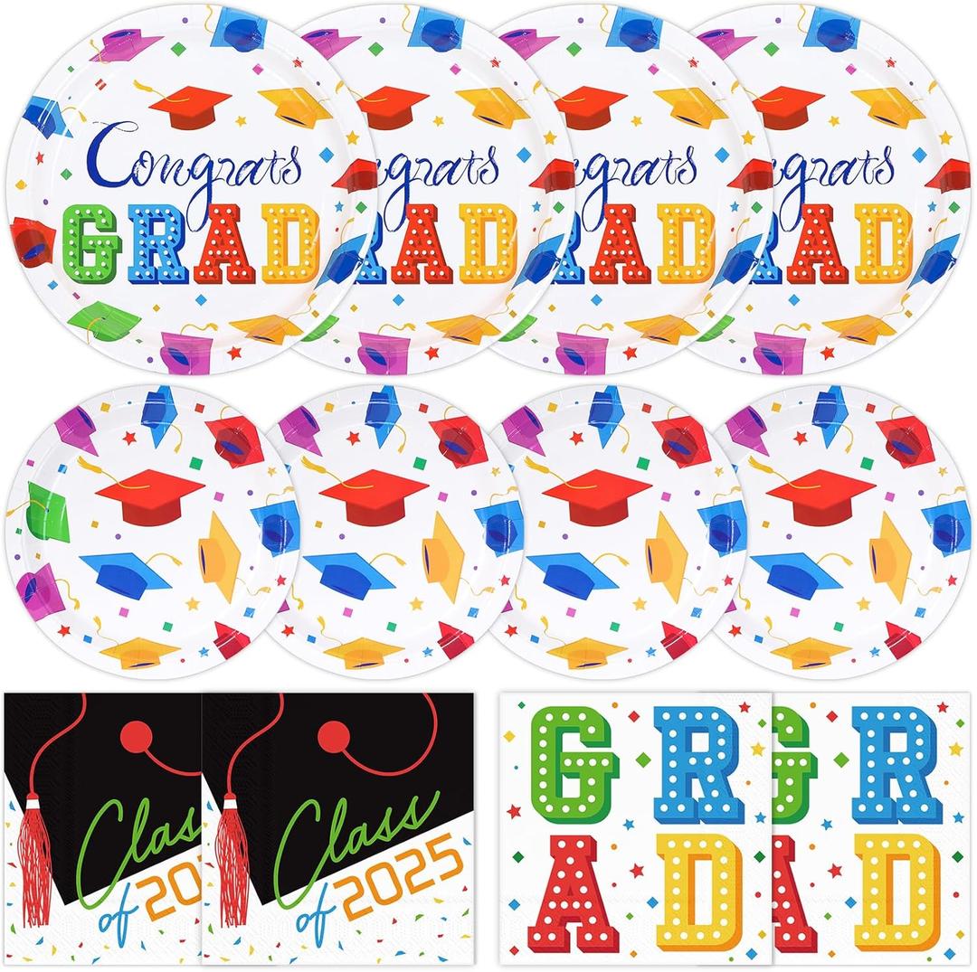 2025 Graduation Party Supplies 150 Count, Congrats Grad Plates Class of 2025 Paper Dinner Dessert Plates 3 Ply Napkins Disposable Tableware for Hats Off Graduation Party Decorations, White