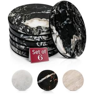 Gusto Nostro Black Marble Coasters Set of 5 with Non-Slip Backing - Luxury Natural Stone Coasters for Drinks - Genuine Marble Kitchen Accessories, Round Stone Coaster for Kitchen Counter, Coffee Table