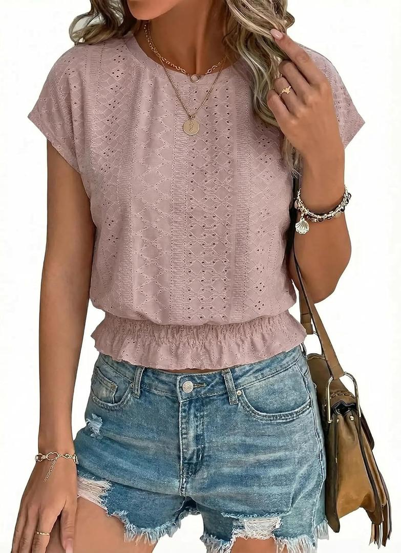Elastic Waist Eyelet Tops for Women Summer Smocked Crewneck Short Sleeve Tee Crop Casual Plain T Shirts for Vocation Work (Pink, L)